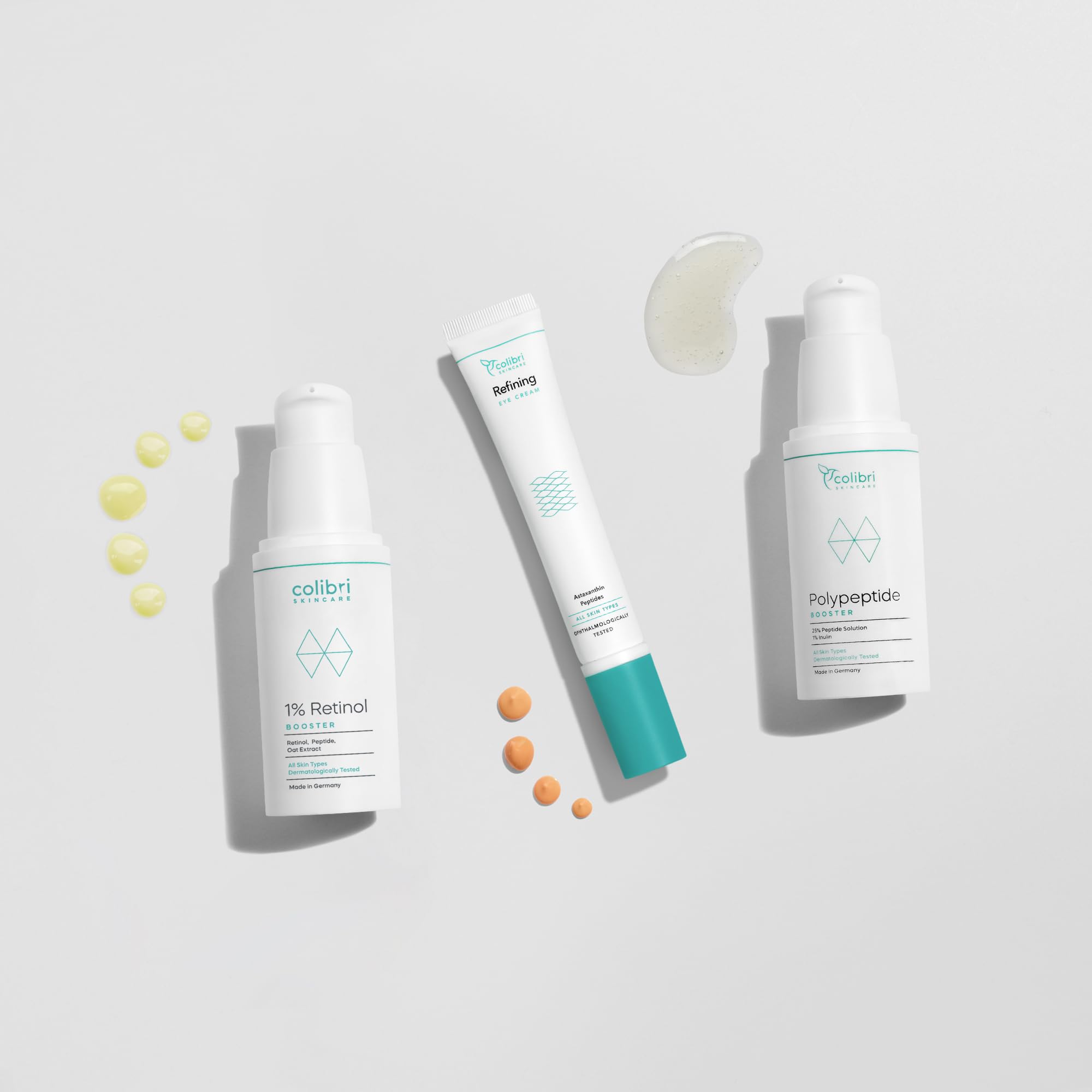 colibri skincare Slow Aging Set – 1% Retinol Booster + Polypeptide Booster + Refining Eye Cream – 3-teilige Anti-Aging Pflege für reifere Haut, vegan, dermatologisch getestet, Made in Germany