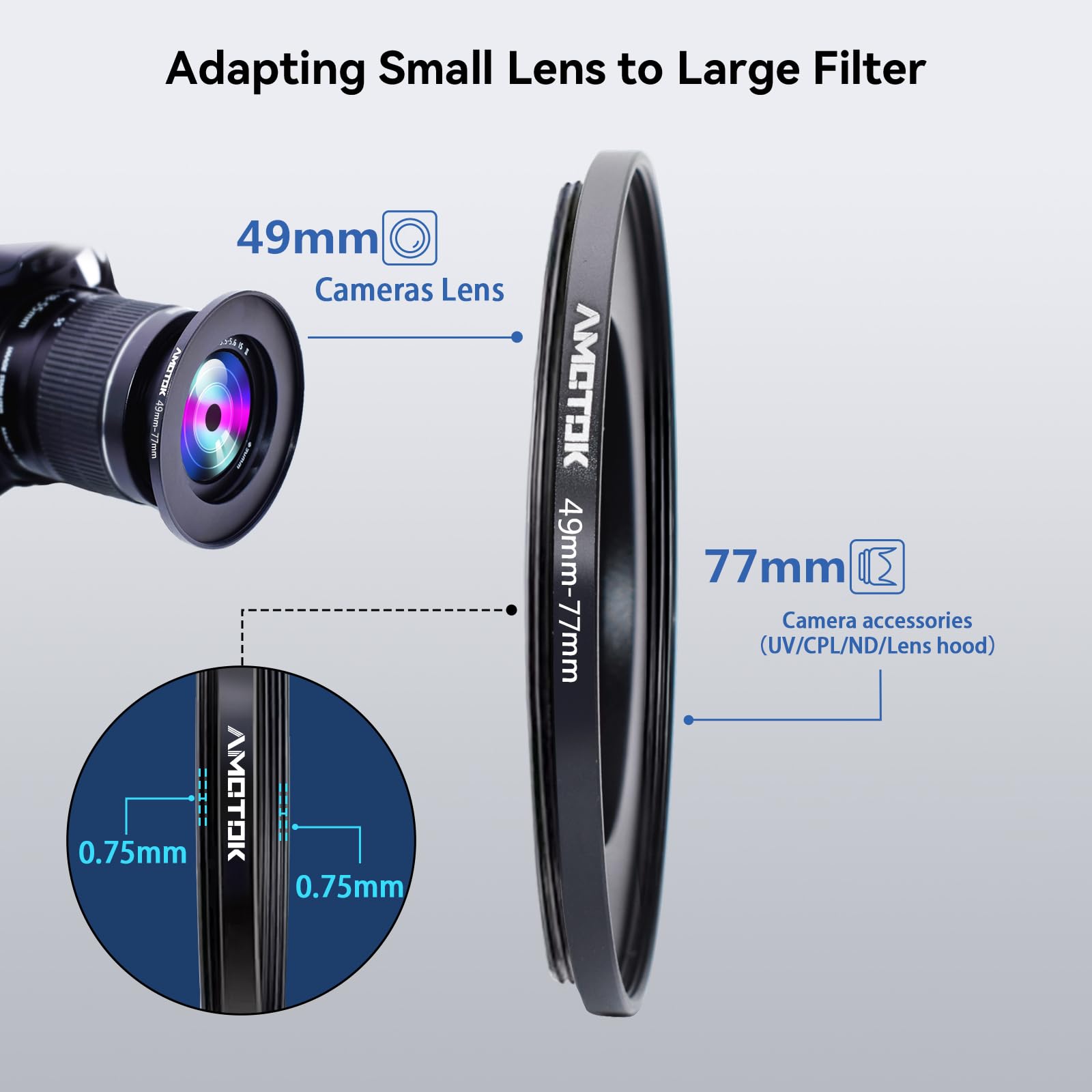 49mm a 77mm Adaptador de Lente de,Anillo Adaptador Paso hacia Arriba de Filtro de 49mm a 77mm,Compatible con Todos los Accesorios de Filtro de 77mm,Hecho de mecanizado CNC — view 4