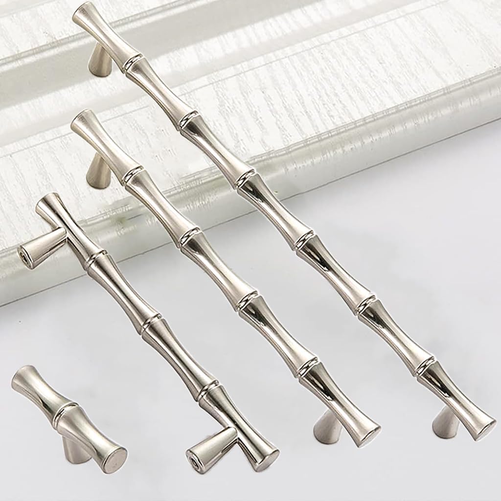 6Pcs Bamboo Shape Solid Zinc Alloy Cabinet Knobs Handle pulls, Dresser Drawer Cabinet Cupboard Closet Door Pull Decorative Furniture Accessories Knobs (Silver, Length 8.7"/Hole Distance 7.6")