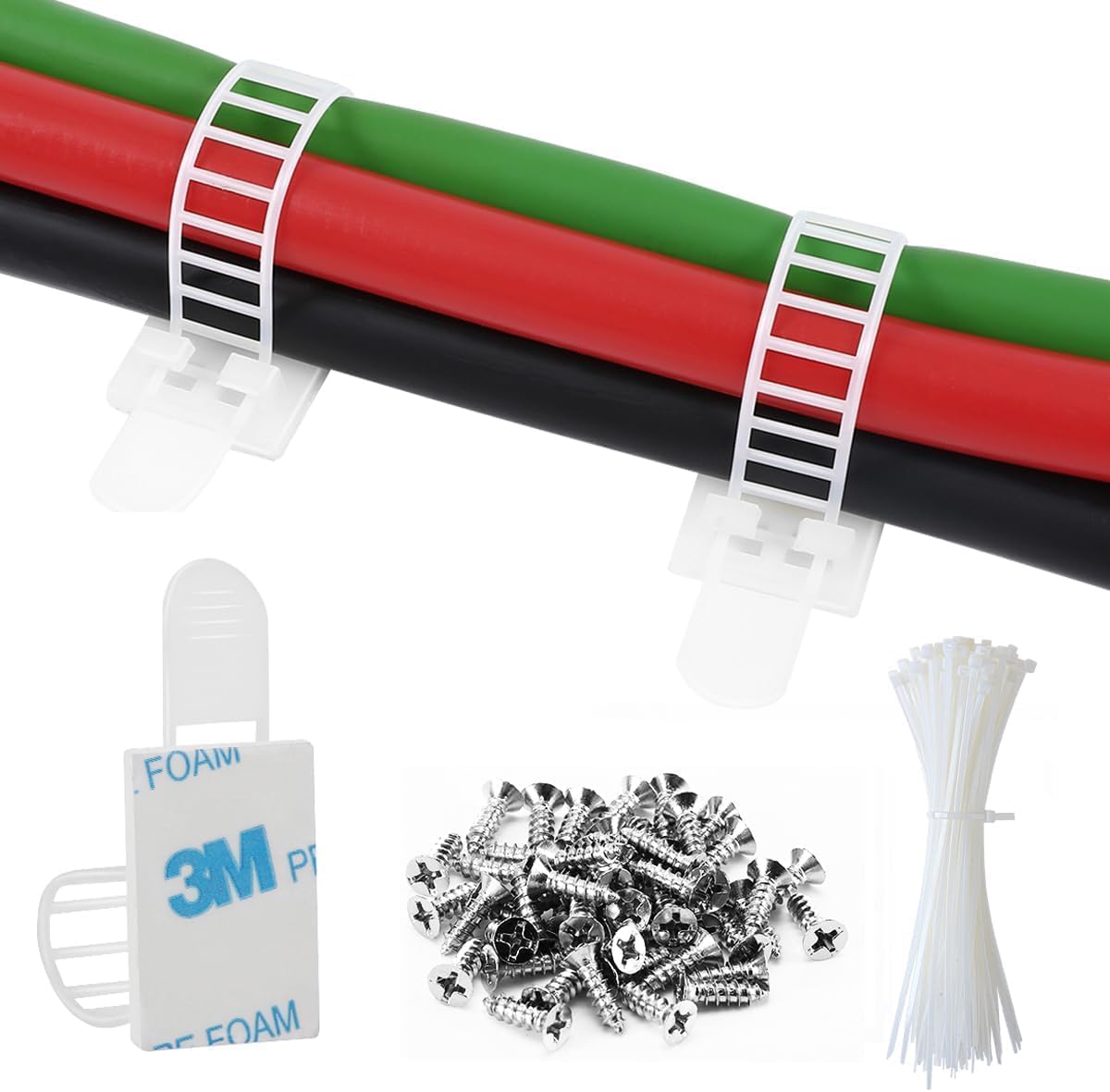 20Pcs Adhesive Cable Management Clips with 50Pcs Zip Ties, Adjustable Nylon Cable Strap Ties Wire Clips Clamps Organizer, Extra Screw & Hole - 3.35 Inch White