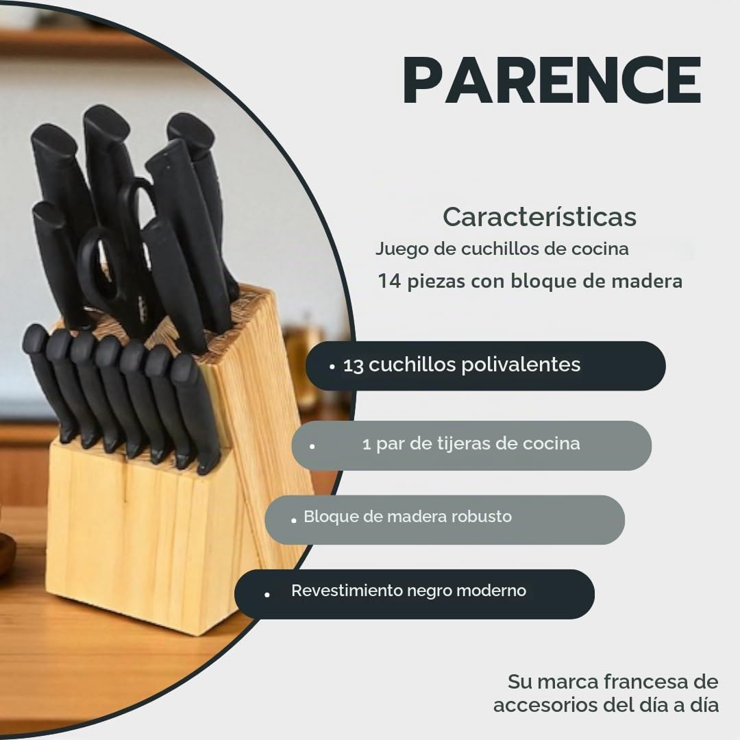 PARENCE.- Juego de cuchillos de cocina de 14 piezas con bloque de madera - hojas de acero inoxidable revestido de negro, cuchillo de chef, pan, bistec + tijeras