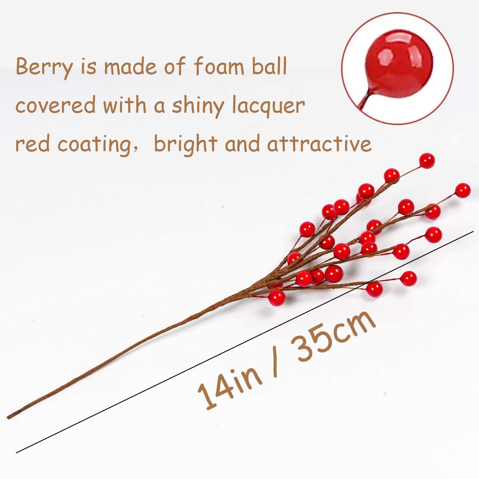 Künstliche rote Beerenstiele, 35,6 cm, künstliche Stechpalmenbeeren für Neujahr, Urlaub, Weihnachtsbaum, Vase, DIY-Kranz, Basteln, Heimdekoration, 12 Stück