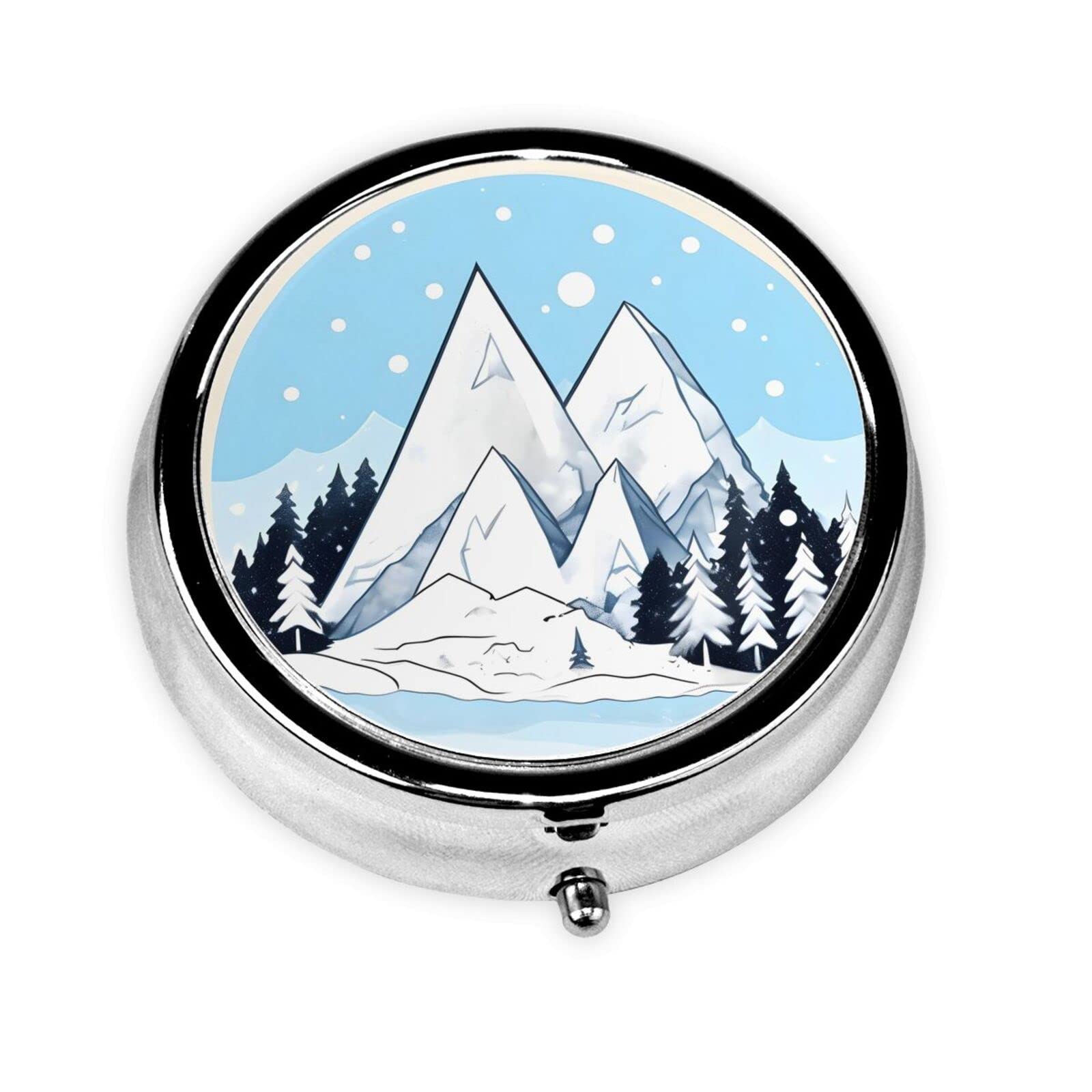 Cute 3-Compartments Round Pill Box Snow-Capped Mountains Small Pill Case Portable Medicine Dispenser,for Pocket Purse