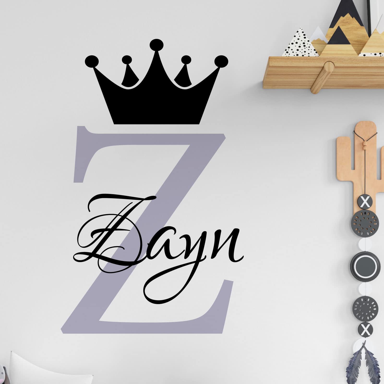 Personalised Name Baby Prince Princess Decal Wall Sticker - Initial Letter Crown [Medium] [Light Grey]