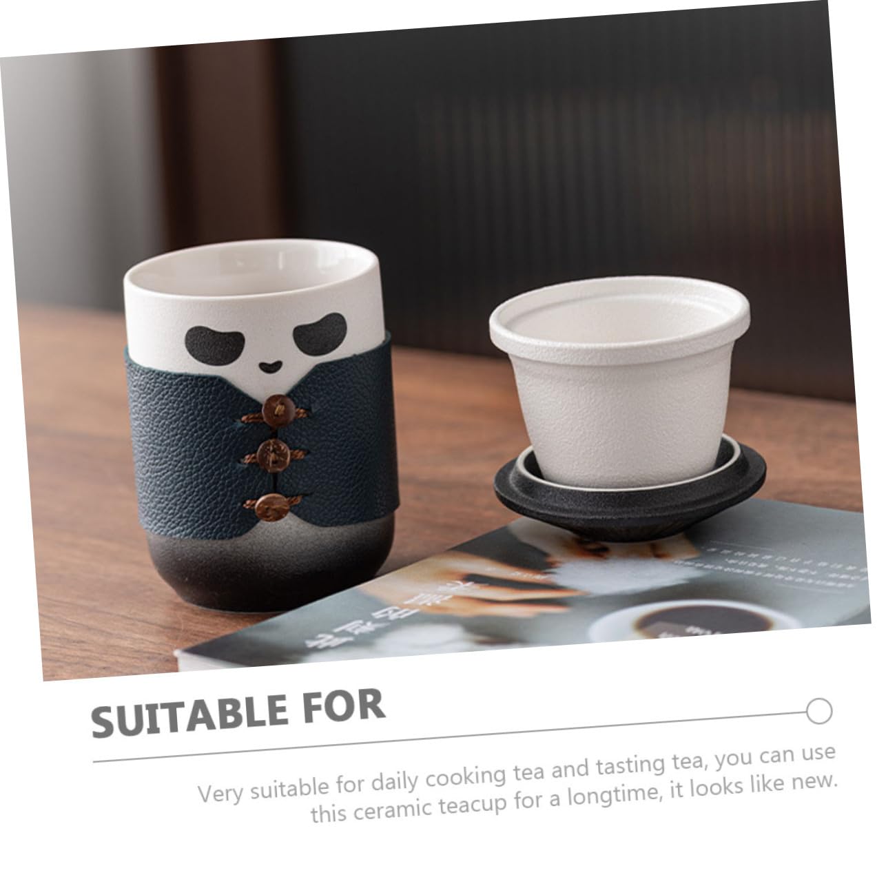 VOSAREA Tasse à Thé Chinoise en Céramique avec Filtre, 1 Pièce | Panda, Usage Bureau et Dégustation Quotidienne, Paroi Intérieure Émaillée Uniforme, Surface Lisse