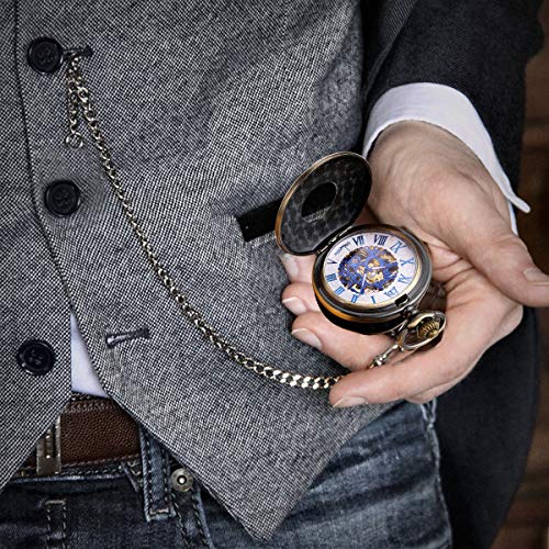 Image of ManChDa Mechanical Roman Numerals Dial Skeleton Pocket Watches with Box and Chains for Mens Women