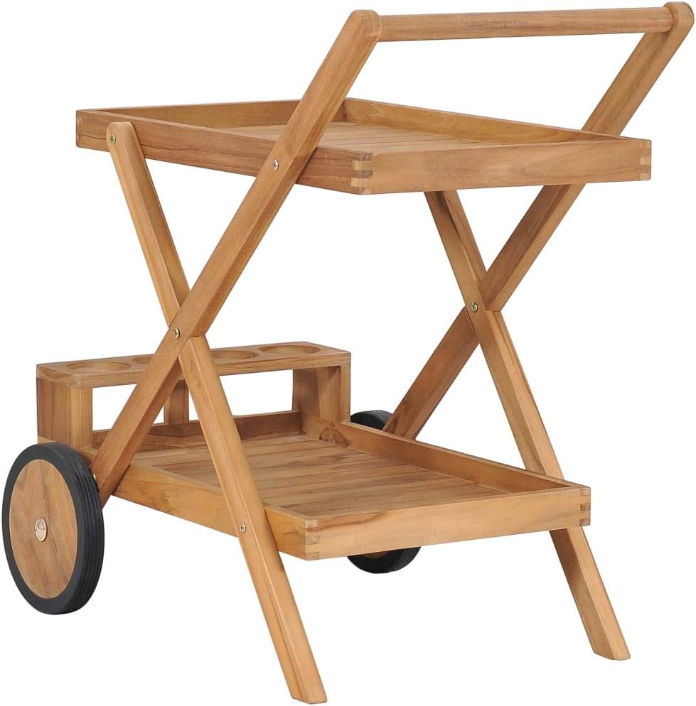 Tea Trolley Solid Teak Wood Durable Serving Cart Kitchen Storage Cart with Wheels Rolling Kitchen Island Compact Mobile Cart for Dining and Food Service