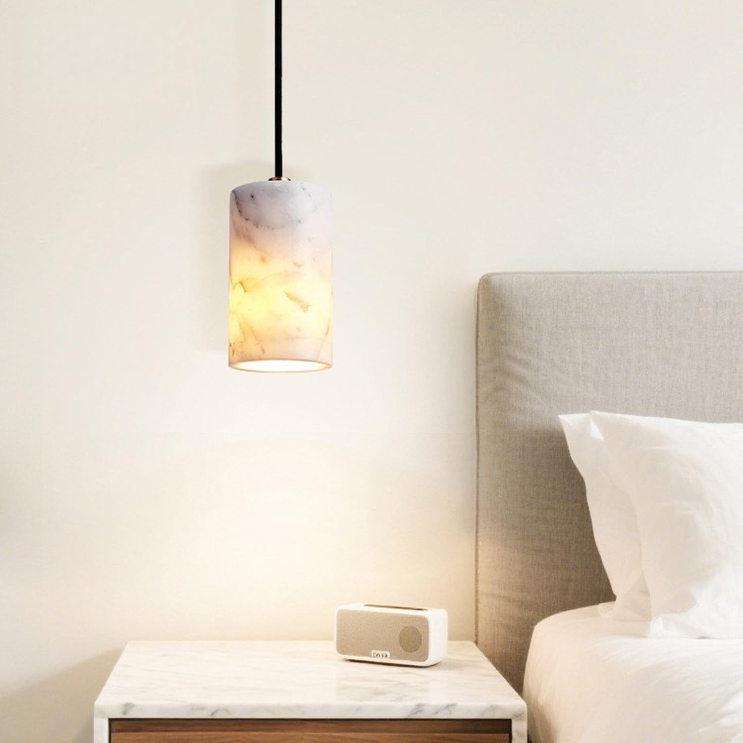 Luksusowa Lampa Wisząca Z Marmuru, Cylindryczna, Lekka, Wisząca | Unikalna Tekstura Naturalnego Kamienia, Abażur E27, Pojedyncza Głowica, Styl Hiszpański Industrialny, Salonu Sypialni