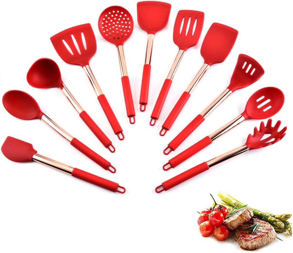 Silicone Kitchen Utensil Set (11 Piece Set) - High Heat Resistant to 480°F (Cherry Red) E-56
