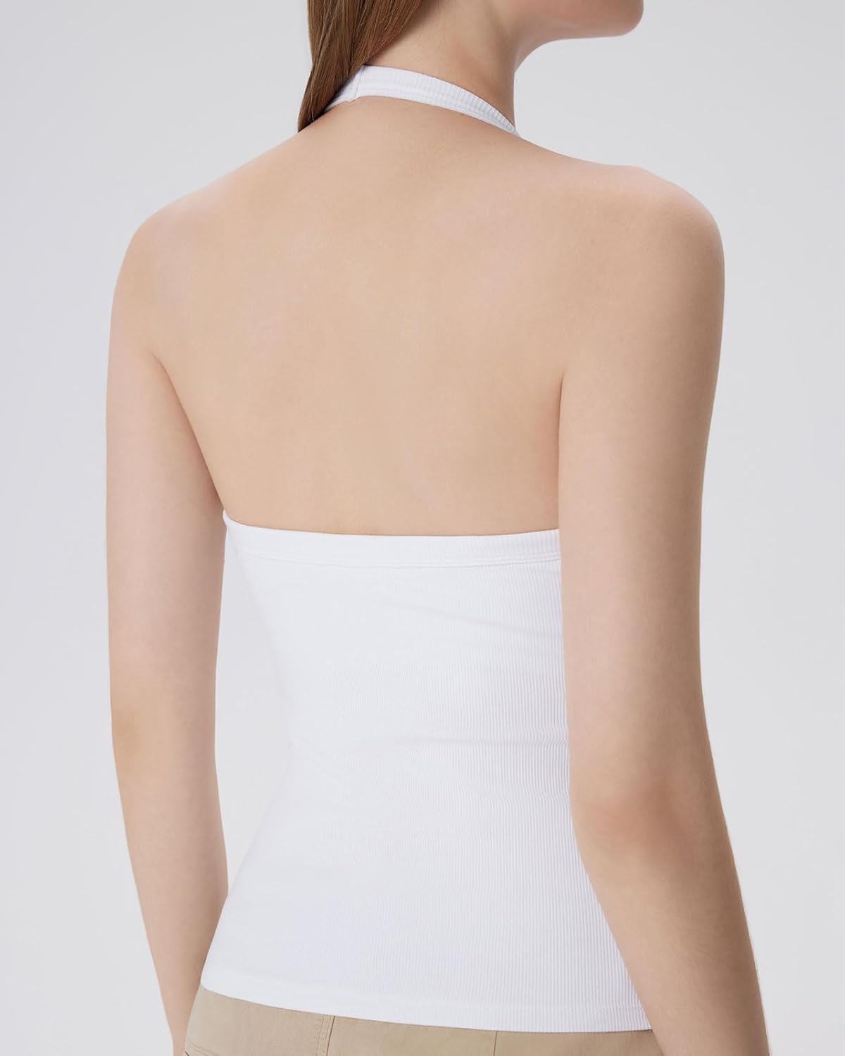 SUUKSESS Halter Tank Top for Women with Built in Bra Cotton Ribbed V Neck Cami Snow White Large
