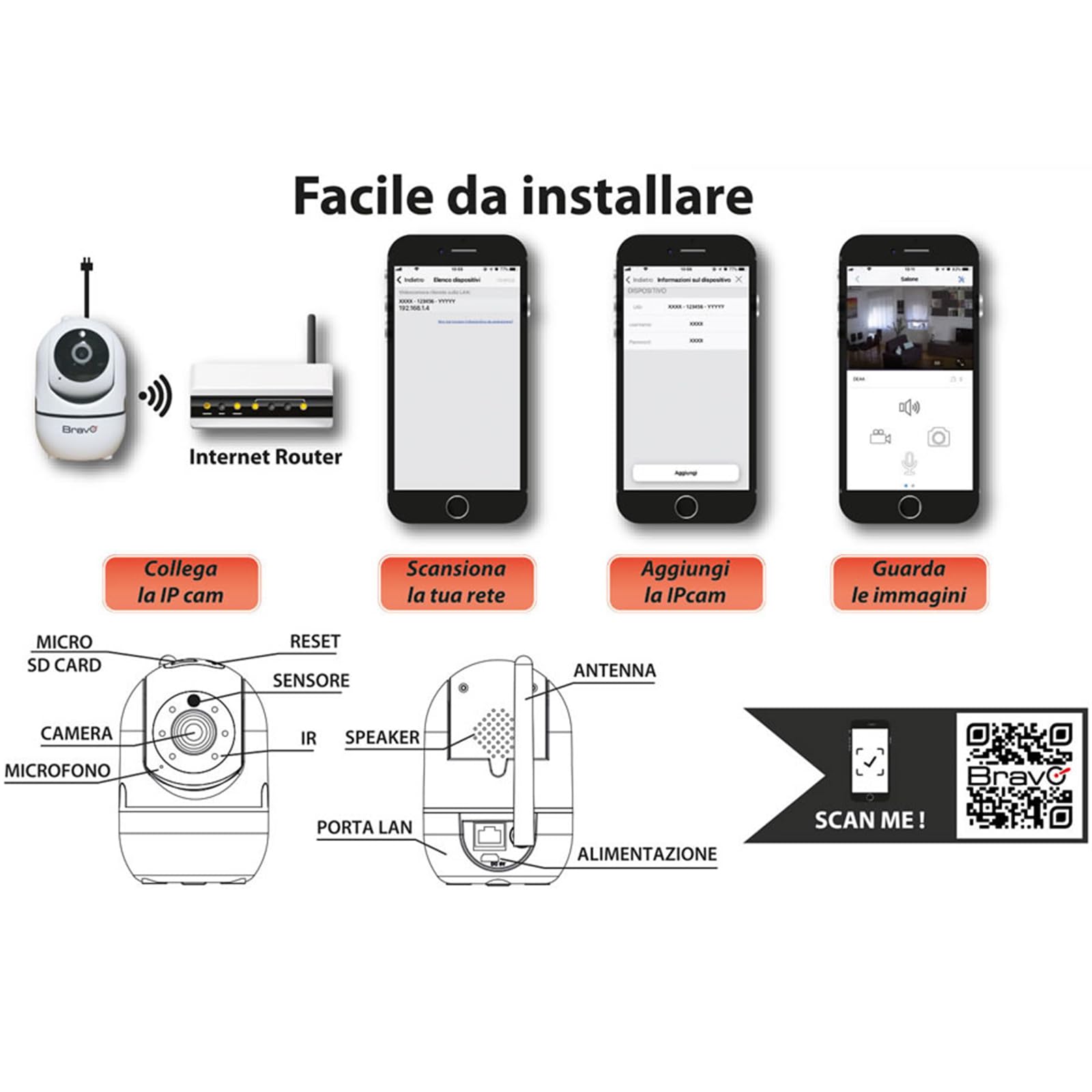 Bravo Telecamera Wi-Fi da Interno, 1440p QHD, Motorizzata 360°, Visione Notturna a Colori, Compatibile ONVIF