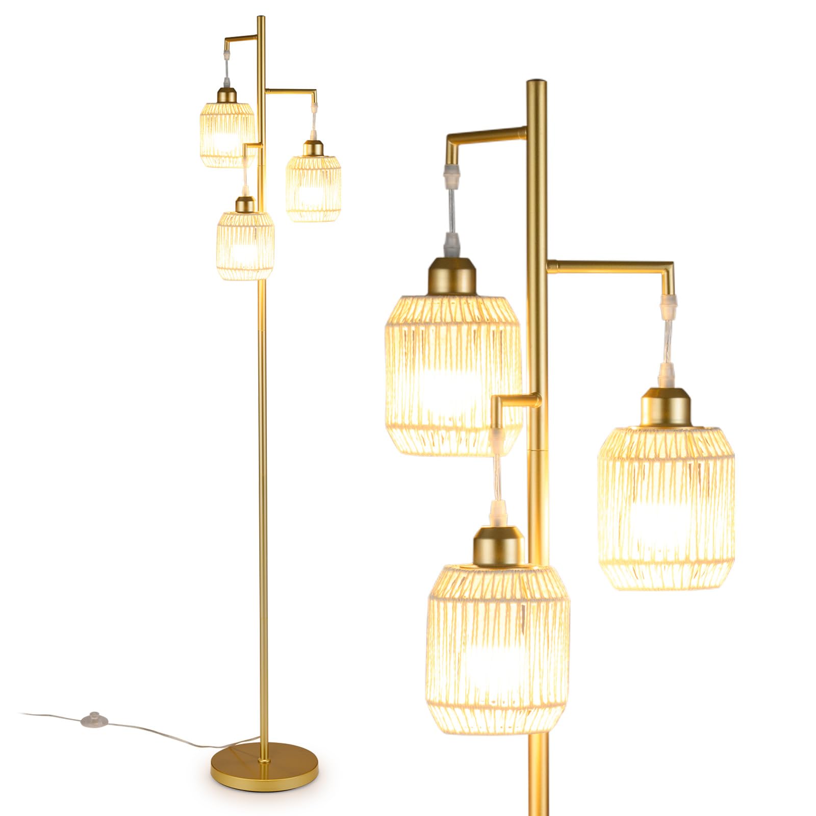 COSTWAY 3-Light Floor Lamp, Standing Corner Lamp with Paper-Woven Lampshades, E27 Sockets & Foot Switch, 173cm Tall Tree Reading Floor Light for Living Room Bedroom Office, Bulbs Not Included (Golden)
