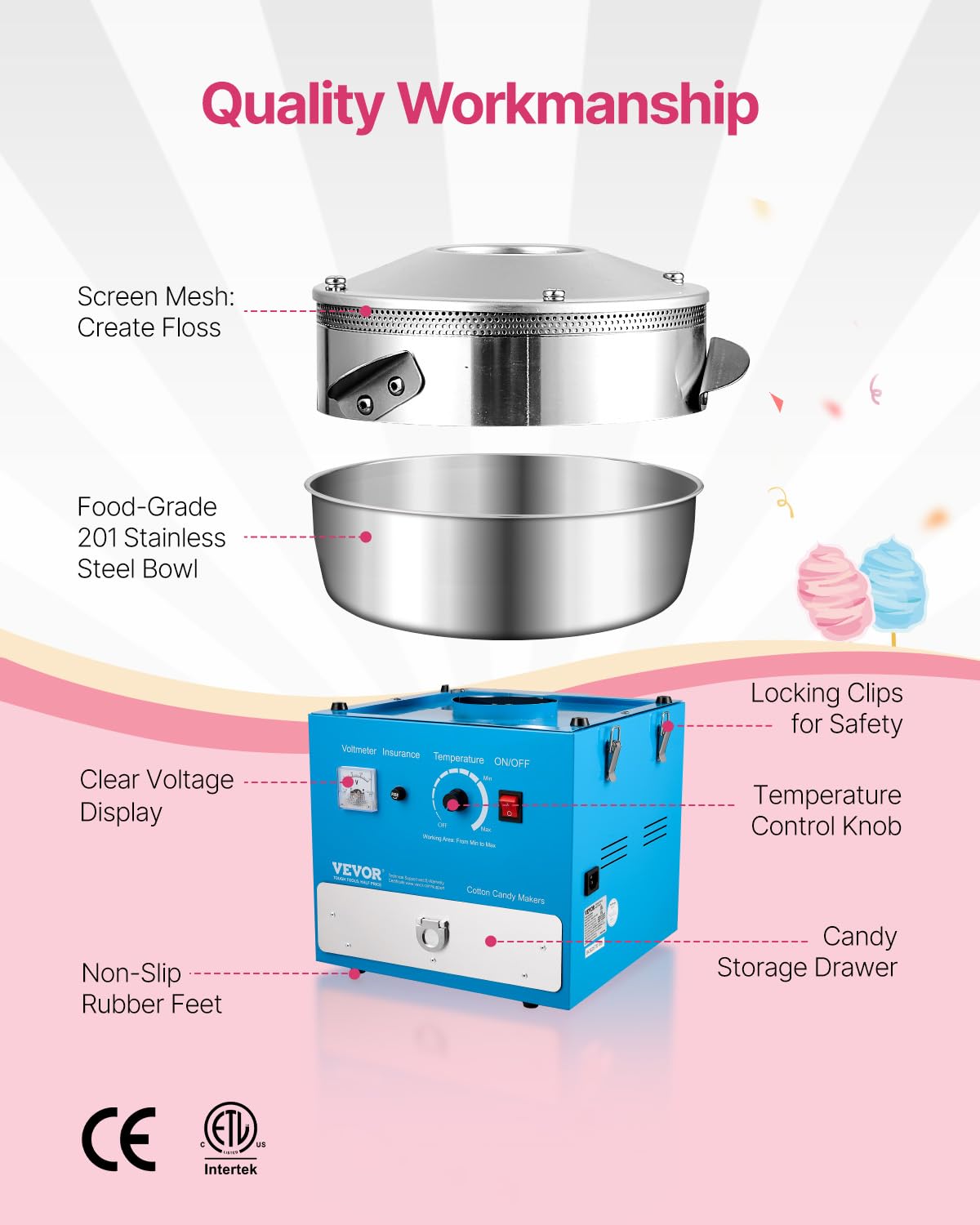 VEVOR Máquina Eléctrica para Hacer Algodón de Azúcar, 1000 W, con Recipiente Acero Inoxidable de 52 cm, Cuchara para Azúcar y Cajón, para Cumpleaños y Fiestas Familiares, Azul, 520 x 520 x 447 mm