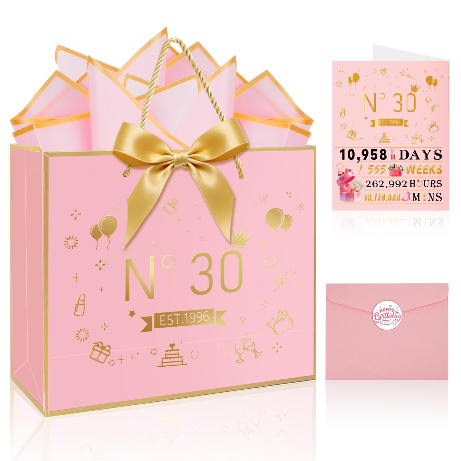 Photo 1 of 10 OLOSONG Happy 30th Birthday Gift Bag for Women,with Handles Design,30 years old Time Greeting Card, Envelope Sticker Bow Ribbon and Tissue papers for Women Girls ?13“Pink+Gold Hot Stamping?