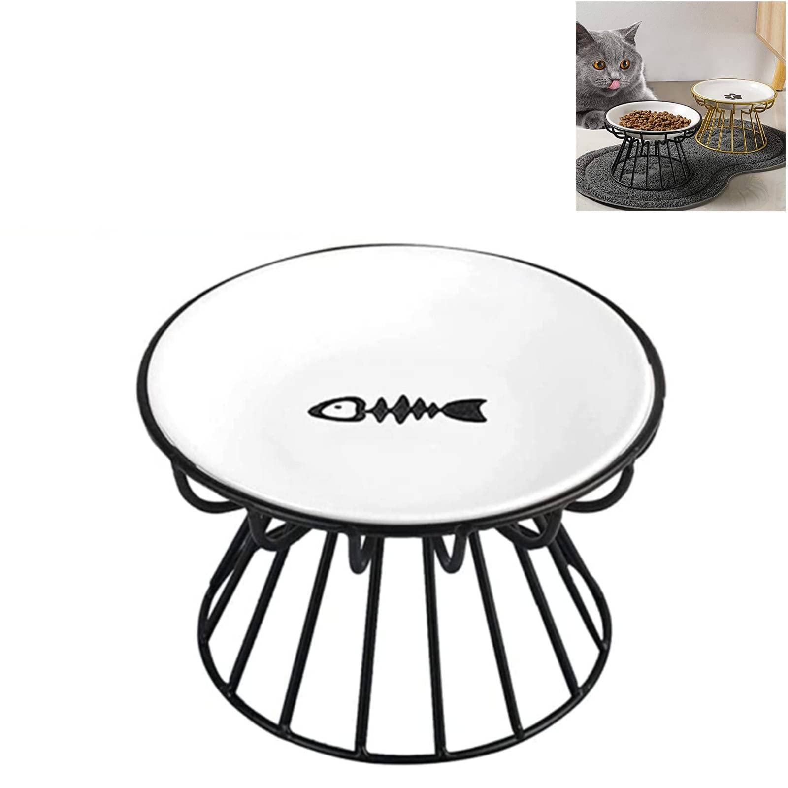 2023 New Whisker-Friendly Anti-Vomit Cat Plate Elevated Bowl-Raised Ceramic Cat Food Bowl with Metal Stand Food Water Anti Vomiting Shallow Ceramic Dish for Cat and Dogs (Black,Fish Plate)