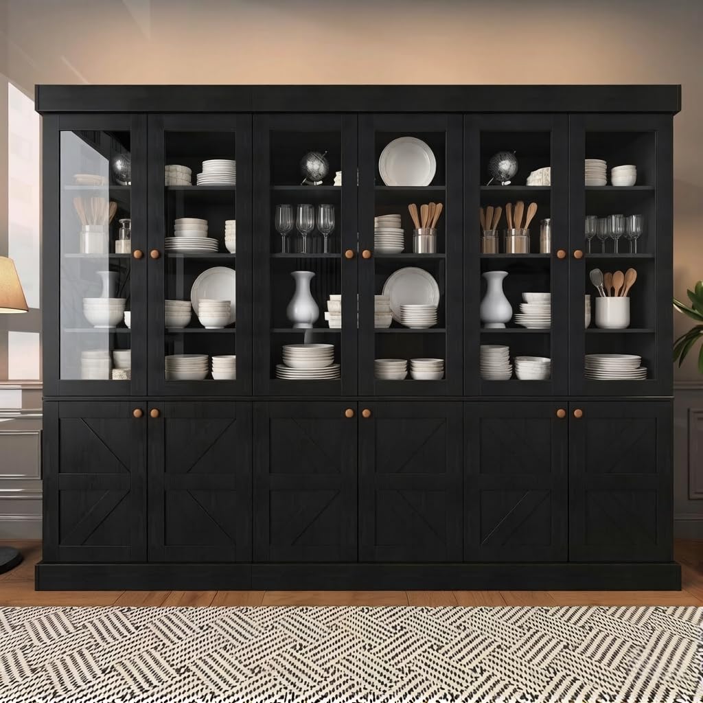 Vyre 71" Tall Farmhouse Kitchen Pantry, Set of 3 Large Storage Cabinets with Glass Doors, Adjustable Shelves, Wood Versatile Hutch Cabinet for Living Room and Dining Room, Black
