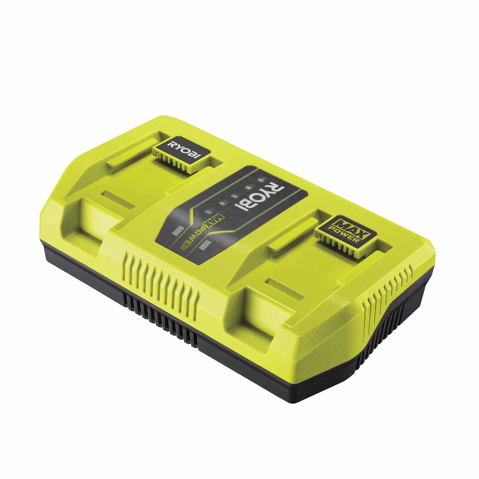 RYOBI Dwuportowa ładowarka 36V Max Power RY36C2PA - jednoczesne ładowanie 2 baterii, szybka ładowarka litowa+, wszystkie baterie 36 V Max Power do kosiarki, dmuchawy, piły łańcuchowej i ogrodu