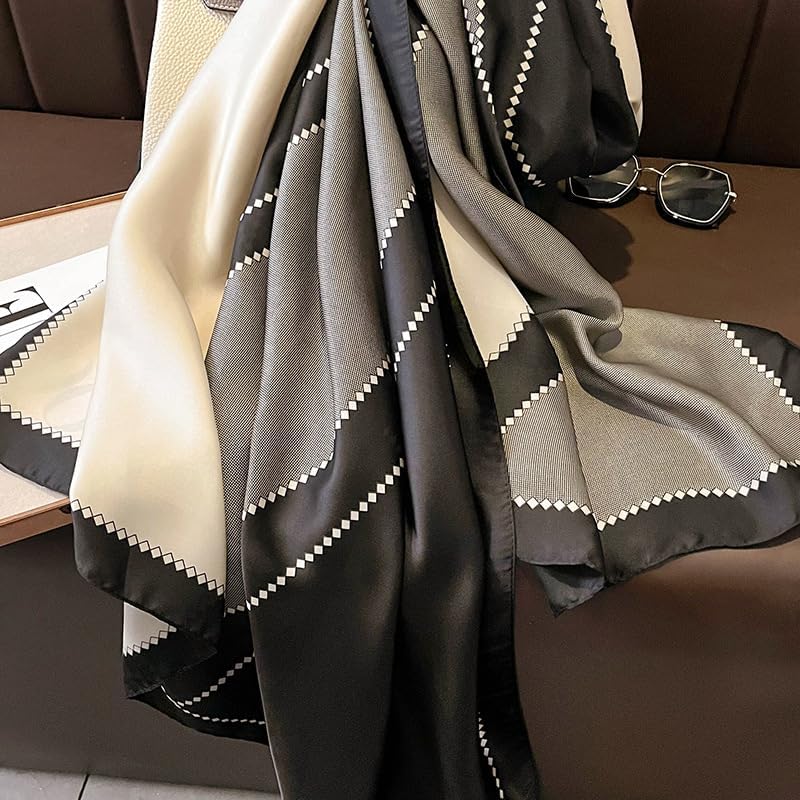 Silk Feeling Long Satin Scarf Fashion Beach Scarf Shawl Check Style Sunscreen Shawls Wraps-Lightweight Pattern - Image 5
