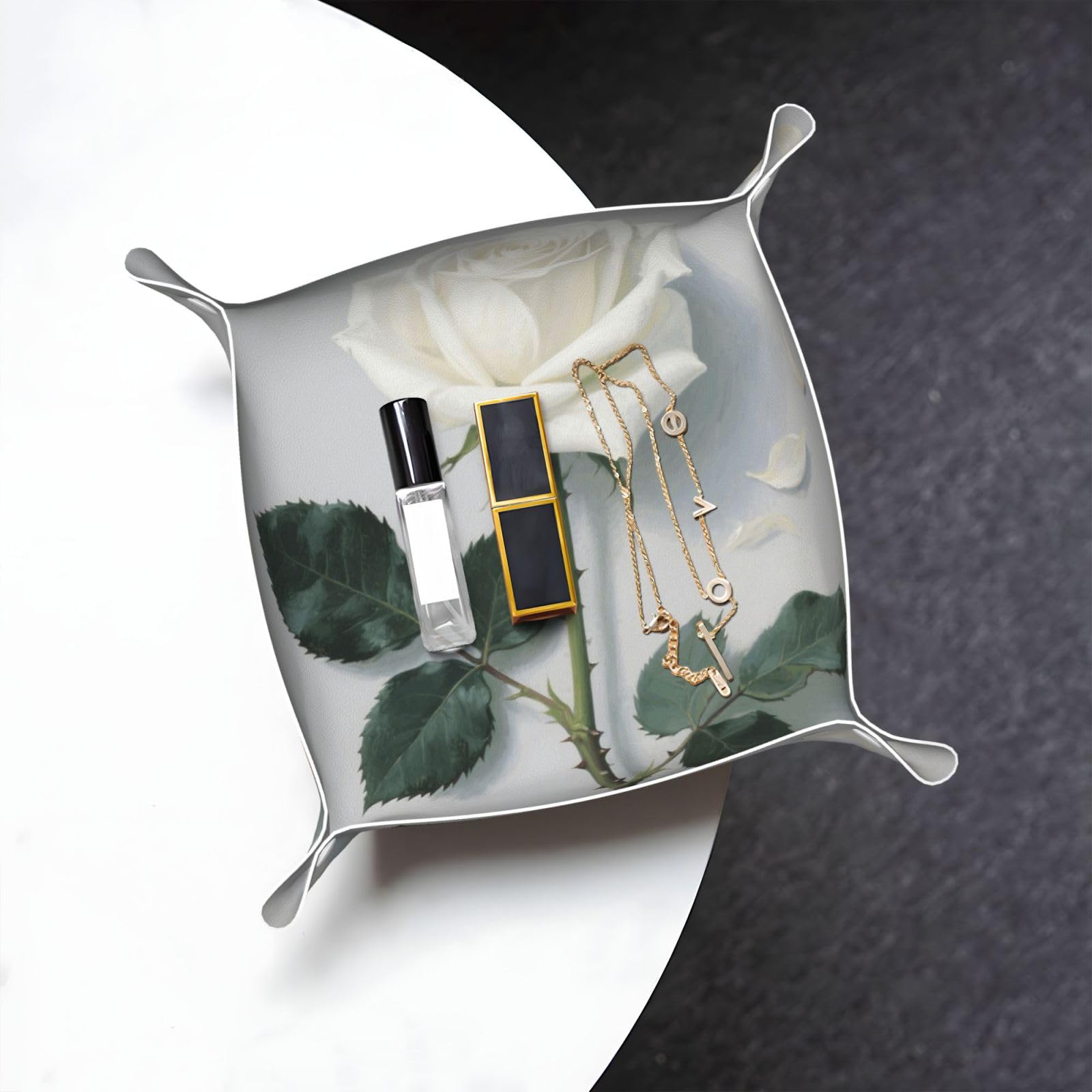White Blooming Floral Valet Tray Organizer Pu Leather Travel Catchall Tray Organizer Portable Jewelry Tray Storage Keys Tray for Entryway Table Coins Watches Candy