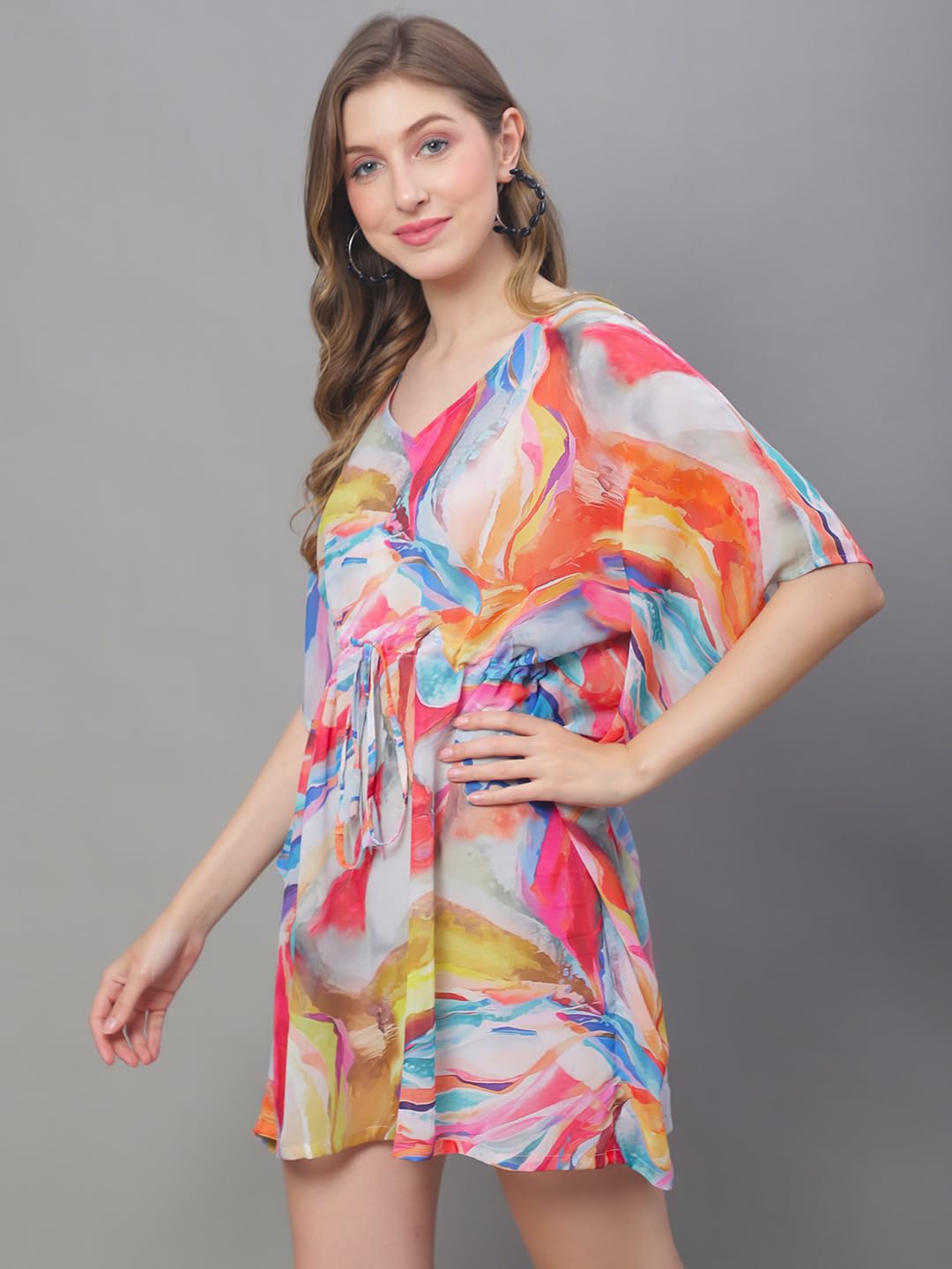 Claura Off-White Abstract Printed Swimwear Kaftan Cover Up Dress (Multi) 4