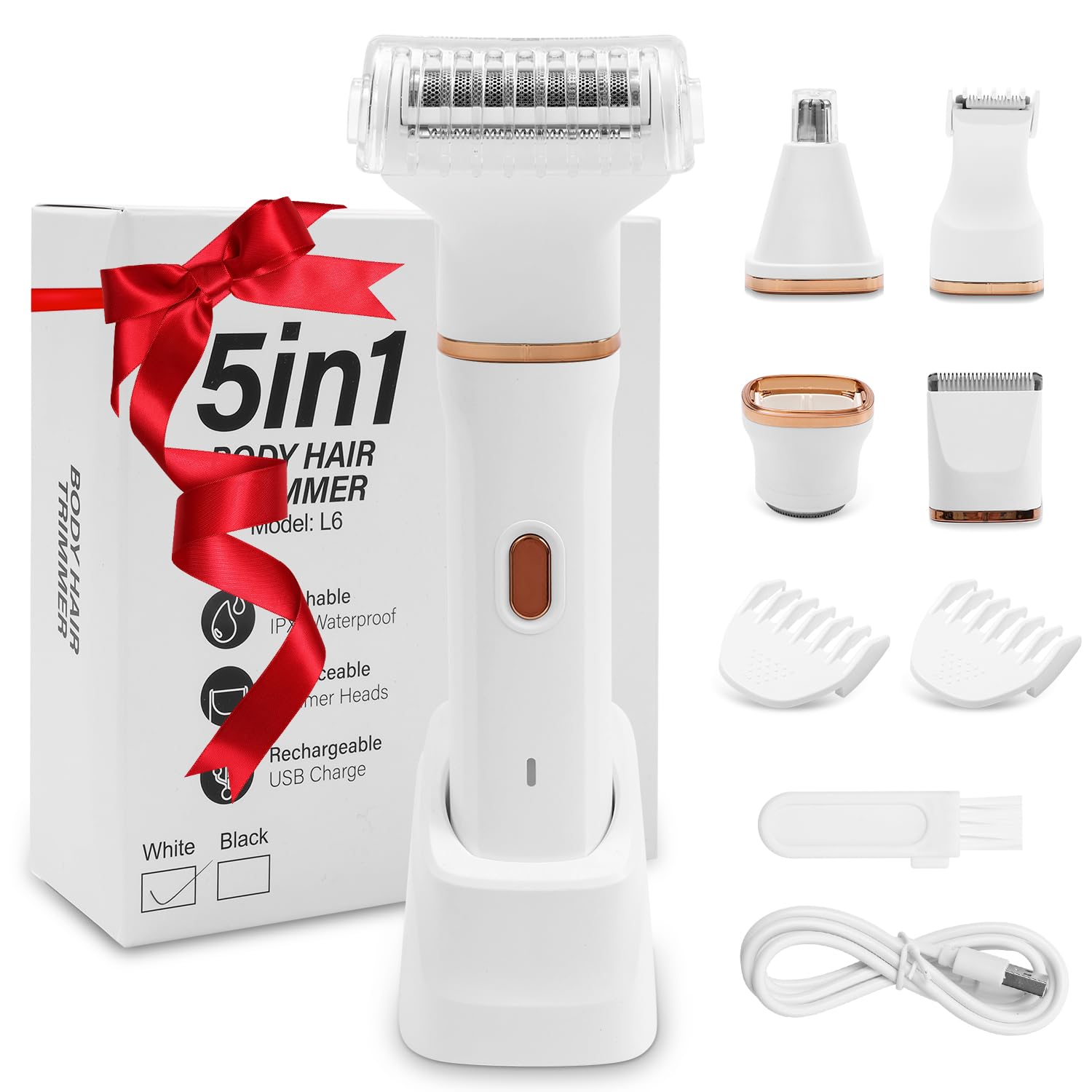 Rasuradora Para Mujer 5 en 1, Afeitadora Zona Intima Para Uso en Seco y Mojado, IPX7 Impermeable, Recortadora Recargable Para Nariz y Oreja, Depiladora Indolora