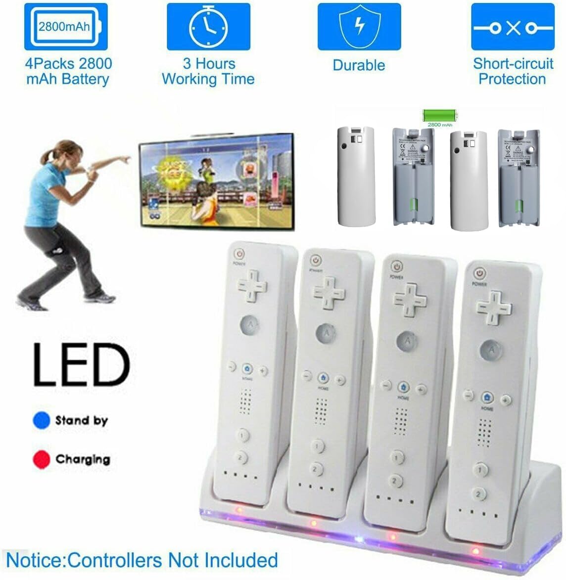 SunshineFace Wii Controller Charging Dock, 4 in 1 Wii Controllers Charging Station with 4 Pack 2800 mAh Rechargeable Batteries Remote Charger Dock Stand for Wii/Wii U Game Remote