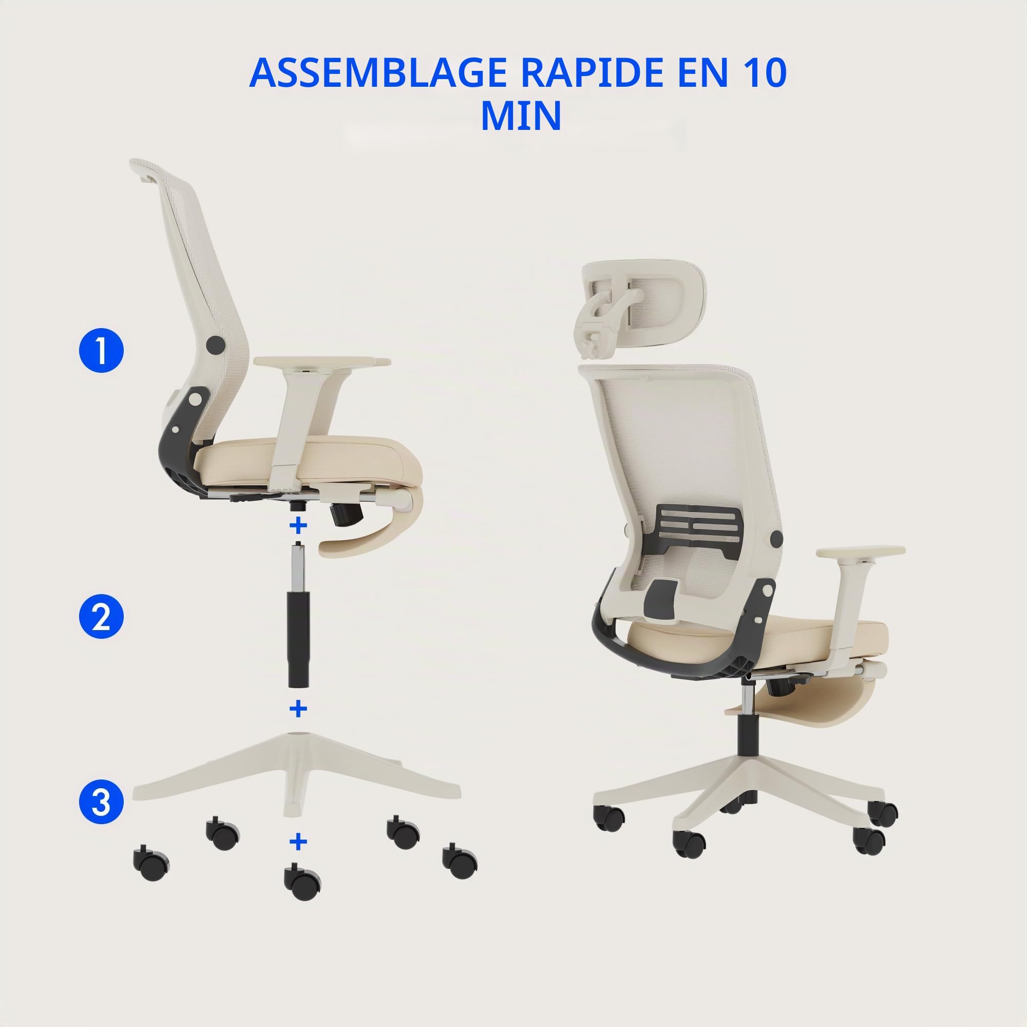FLEXISPOT Foldex Chaise Bureau Pliante, Chaise Ergonomique avec Support Lombaire, Accoudoirs Réglables en Hauteur, Appui-Tête 2D, Chaises de Bureau avec Repose-Pieds, Beige