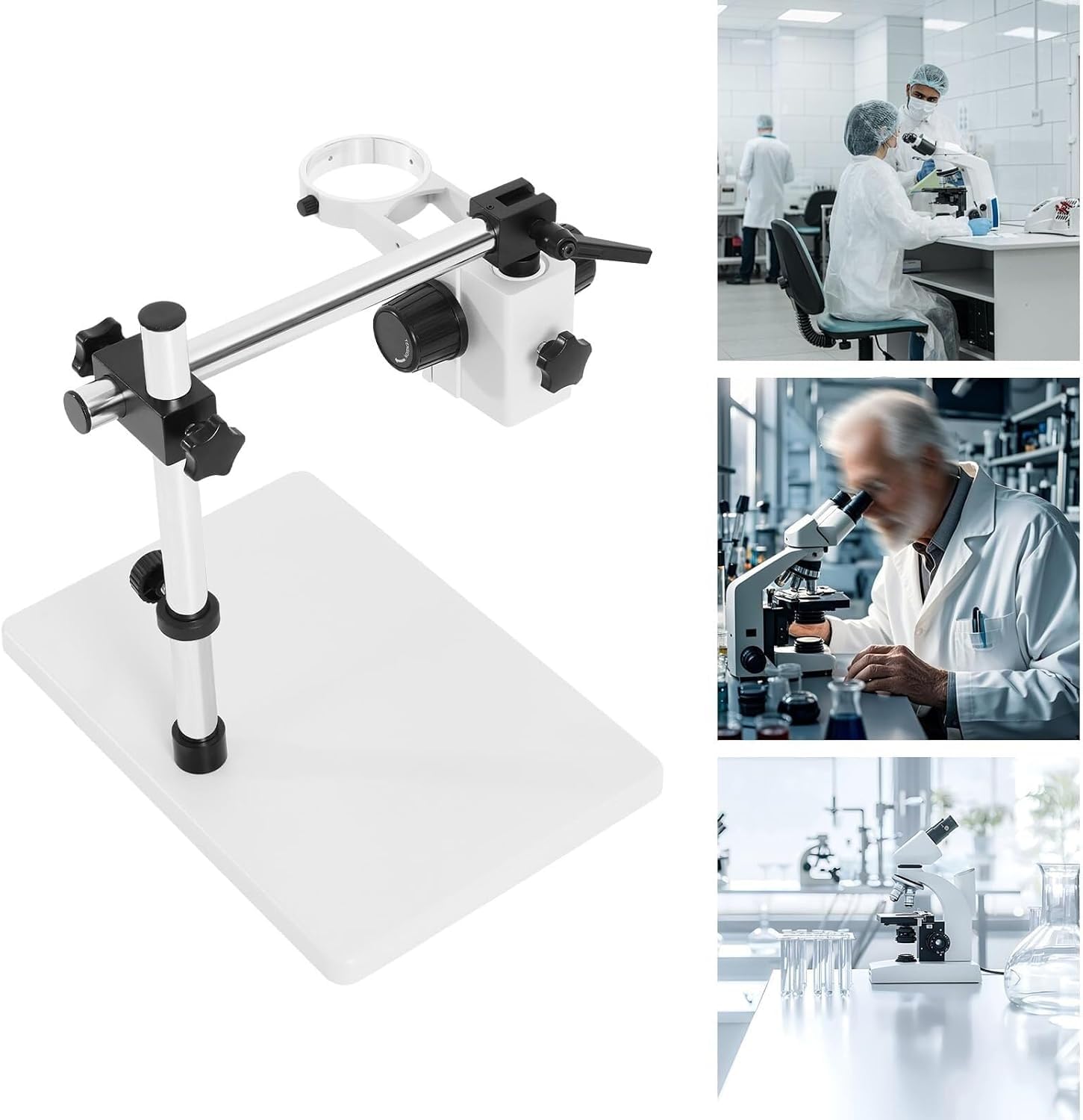 Supporto girevole per microscopio con base robusta e staffa di messa a fuoco, diametro interno di 76 mm, ideale per laboratori e officine.