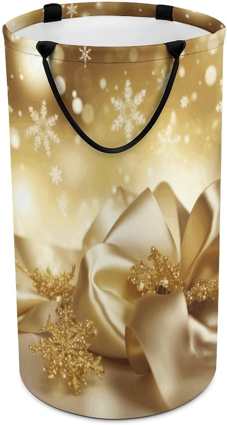 Gold Silk Christmas Laundry Hamper with Handles Waterproof Collapsible Laundry Basket Large Lightweight Round Dirty Clothes Hamper for Home Dorm Bathroom Decor