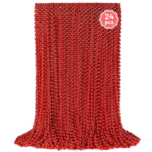 YAXINRUI 24 PCS Red Bead Necklaces Red Christmas Mardi Gras Bead Necklaces Valentine Necklace 33 Inch Round Beaded Necklaces for Mardi Gras Christmas Valentine Festive Events Party Favors