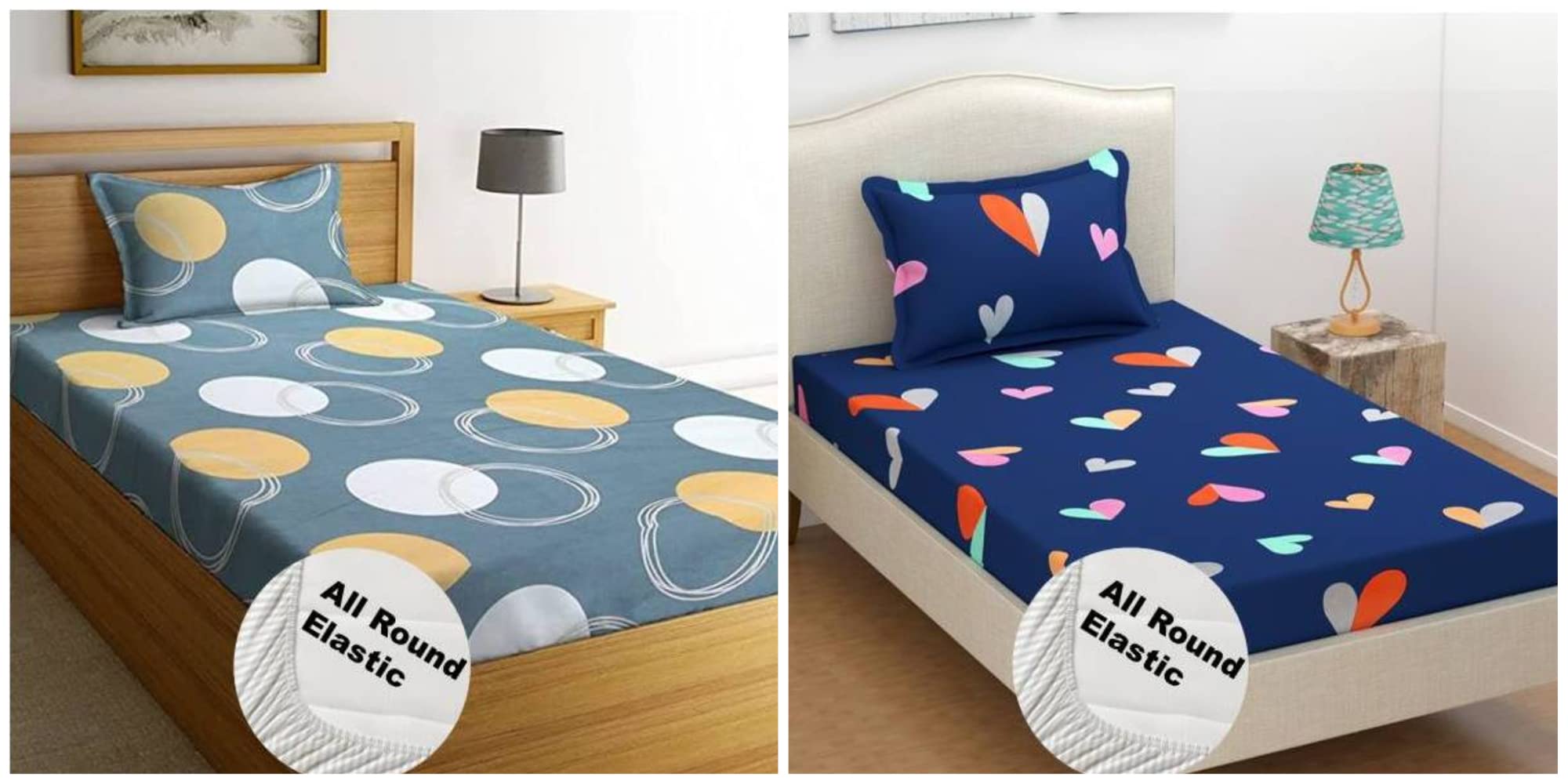 Luxury Trends Cotton Feel Pack of 2 (Two) Elastic Fitted Bedsheets with 2 King Size Pillow Covers | Single Coat Bed with All Around Elastic 180 TC Supersoft |Size-78x36+6 inches |Pink Patti & Grey