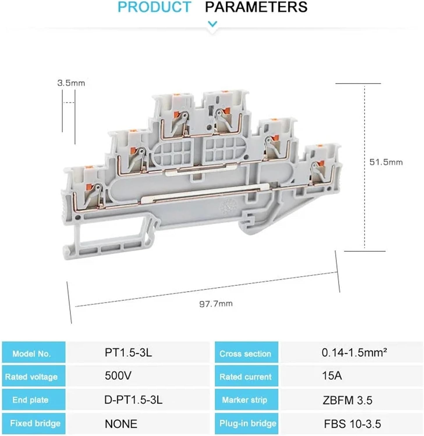 5 PCS PT-1.5-3L 3 Level Push in Terminal for 1.5mm2 Triple Layer Wire Connectors Electric Din Rail Terminal Block PT 1.5-3L