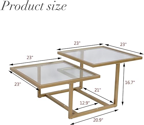 Miniatura 2 de NNV Mesa auxiliar cuadrada ancha de vidrio templado, mesa auxiliar moderna con 2 mesas para sala de estar, oficina, dormitorio, color dorado