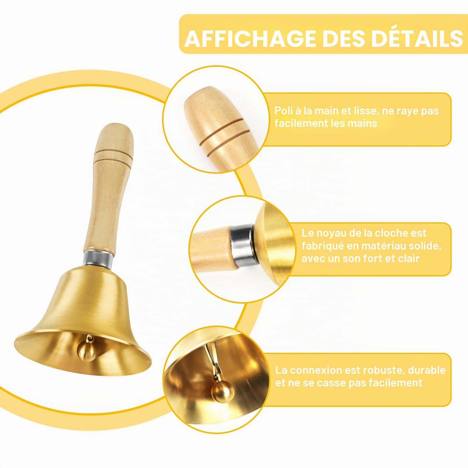 Cloche à Main Super Bruyante, Clochette à Main, Cloches en Métal avec Manche en Bois pour Personnes Âgées à la Maison, Mariage, Entraînement Animal, Bureau, Dîner, Méditation, Cours (15cm)