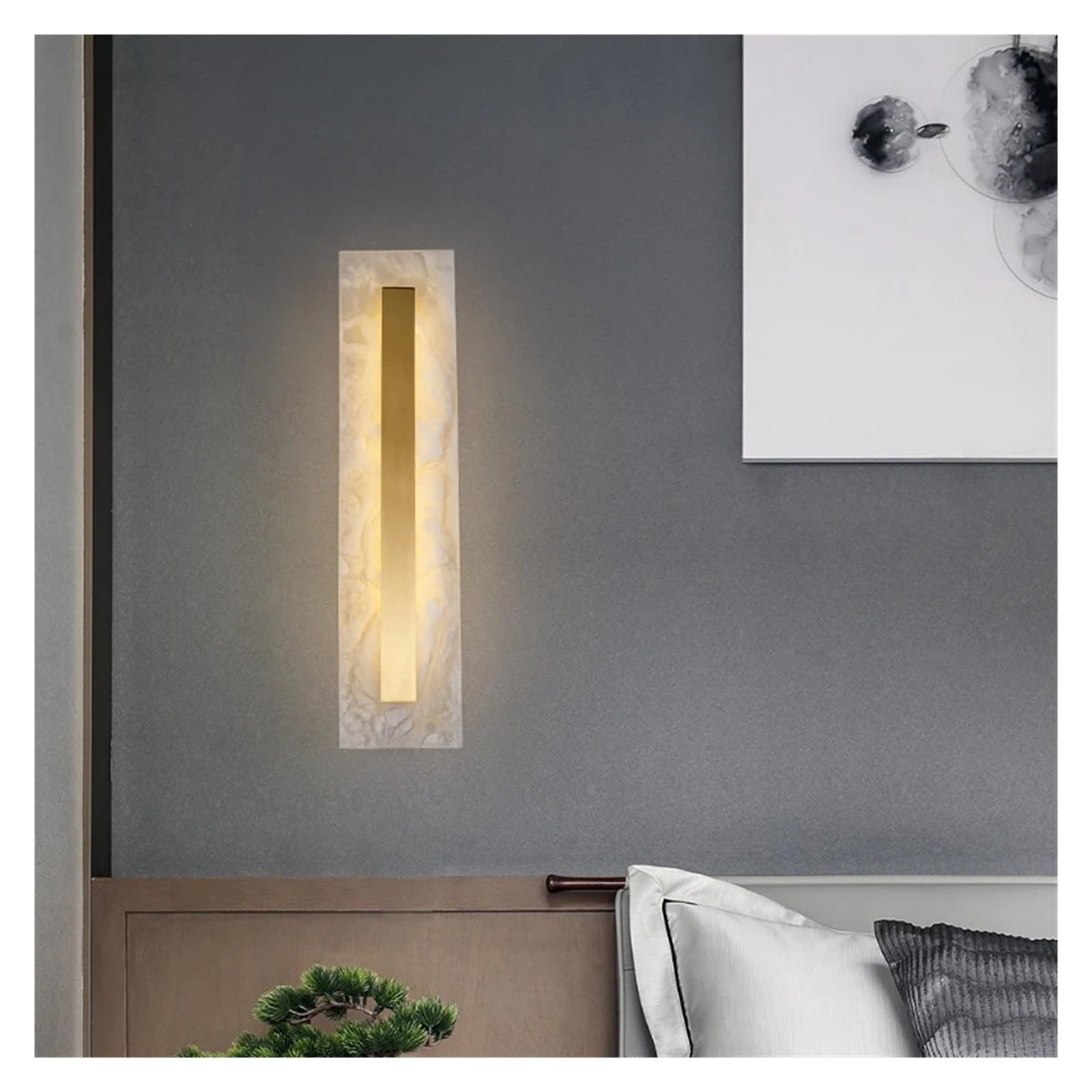 Applique murale marbre cuivré avec lustre LED et lumière dorée salon