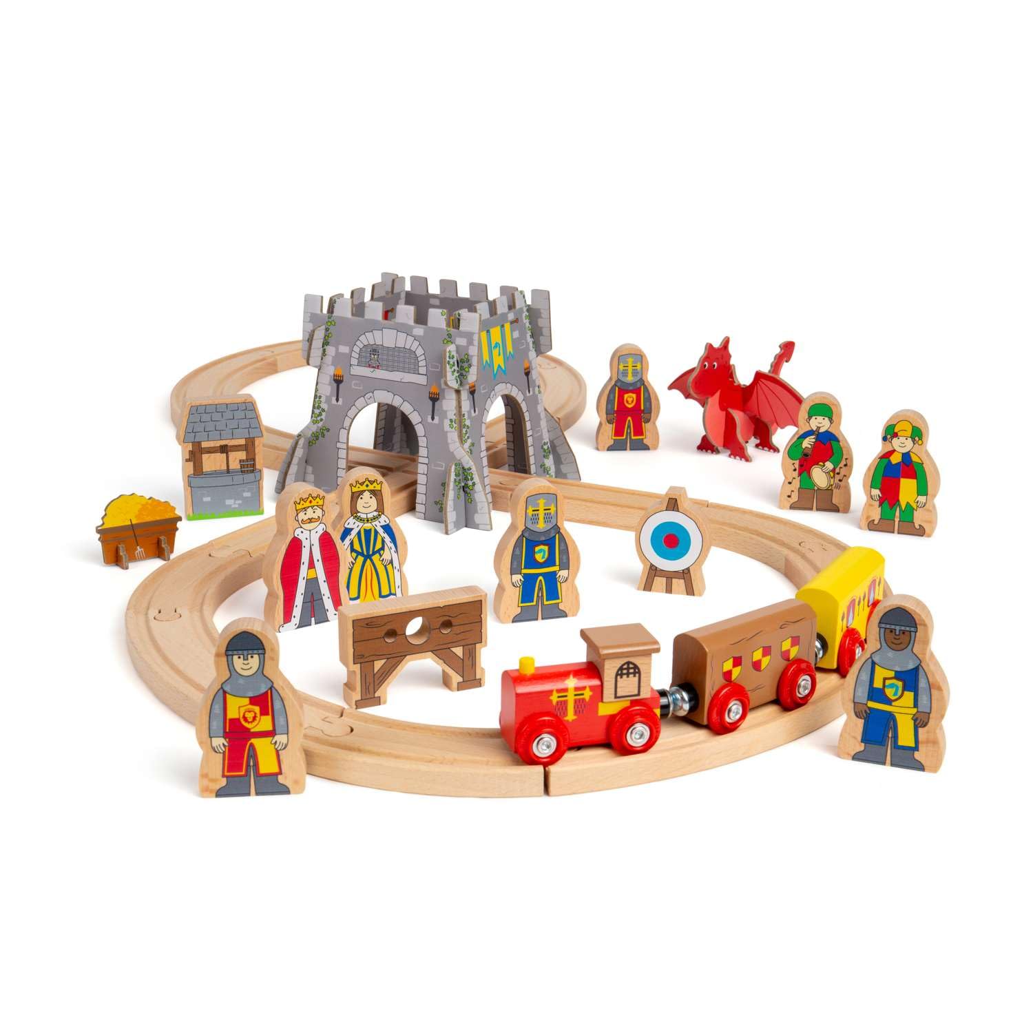 Bigjigs Rail Medieval Train Set | 33 Pcs Wooden Railway Set | Themed Rail Toys For Kids | Toddler Role Play Toy | Unique Gifts For Toddlers & Children | Suitable For 3+ Year Old Girls & Boys