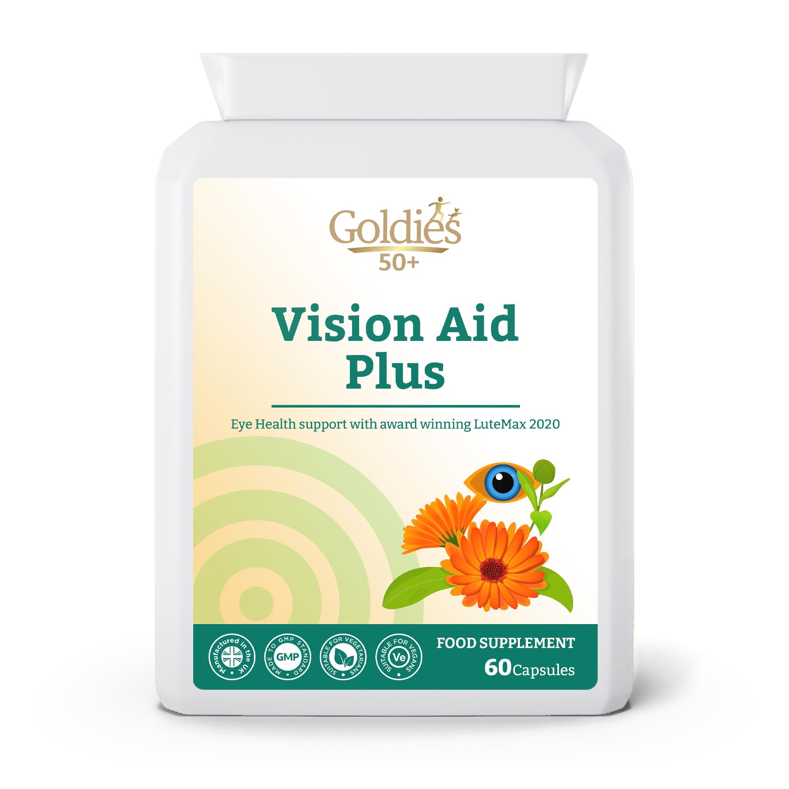 Goldies Vision Aid Plus - Eye Support 60 Capsules – Advanced Macular and Vision Support with Zeaxanthin, Lutein, Bilberry & Pine Bark - 1 Per Day Daily Supplement - 2 Months Supply – UK Manufactured