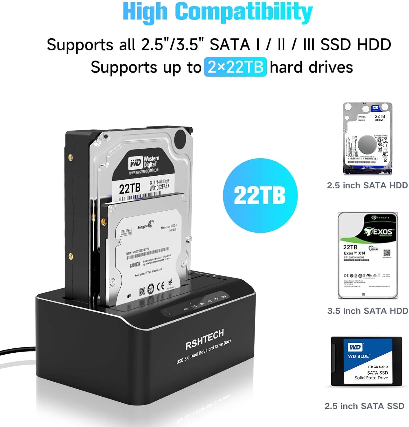 RSHTECH Hard Drive Docking Station Aluminum USB-C/USB 3.0 to SATA Dual Bay Hard Drive Dock for 2.5 or 3.5 inch HDD SSD, with 2-in-1 USB Cable, Support Offline Clone, UASP and 2x22TB, RSH-DS01C - Image 2
