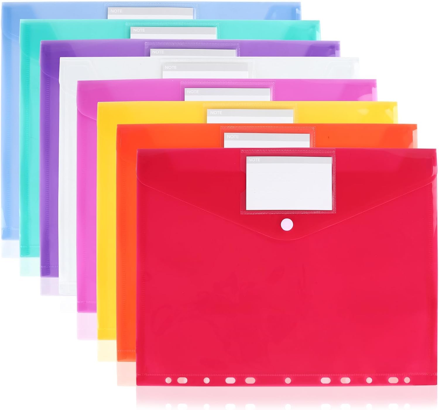 Plastic Wallets, 16 Pcs Loose Leaf File Folders Waterproof Clear A4 Wallets Punched Pocket Folders Filing Envelopes with Snap Button for Office for Files, Notes