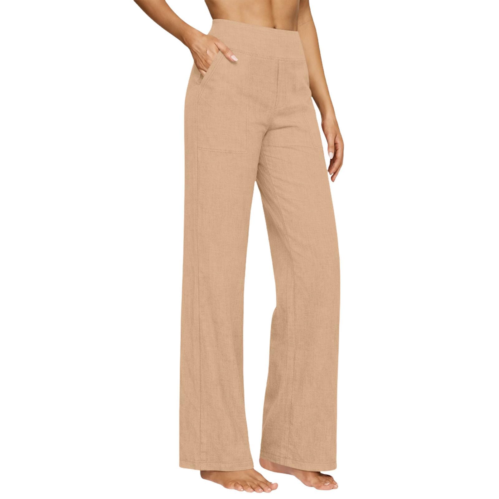 Generico Pantaloni Casual da Donna in Cotone e Lino – Gamba Larga, Vita Elastica, Ideali per Spiaggia, Vacanze e Relax – vestibilità Ampia e Leggera (Khaki,XL)