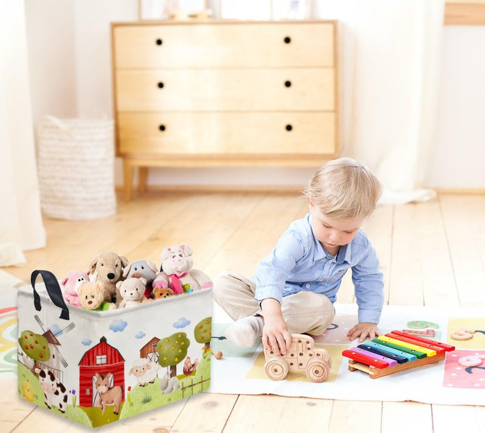 Image of Rectangular Kids Baskets,Farm Baskets for Kids .Waterproof PE Coating Cute Basket with Handles.Boys Bins,Gifts Box,Books Basket. (Farm)