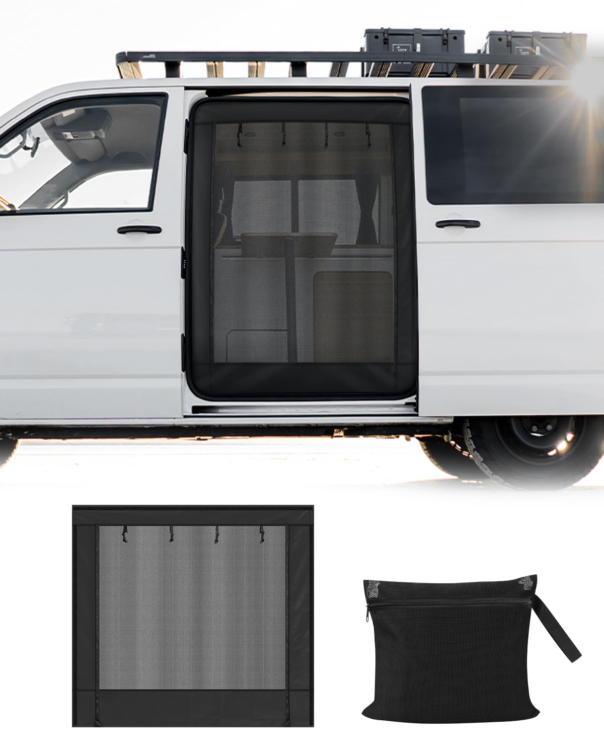 SUPAREE 5'x 5' Zanzariera T5 Zanzariera Porta Van Furgone Porta Laterale con Cerniera e Chiusura a Strappo per T5 T6 Furgone Campeggio Viaggio (Maglia Nera)