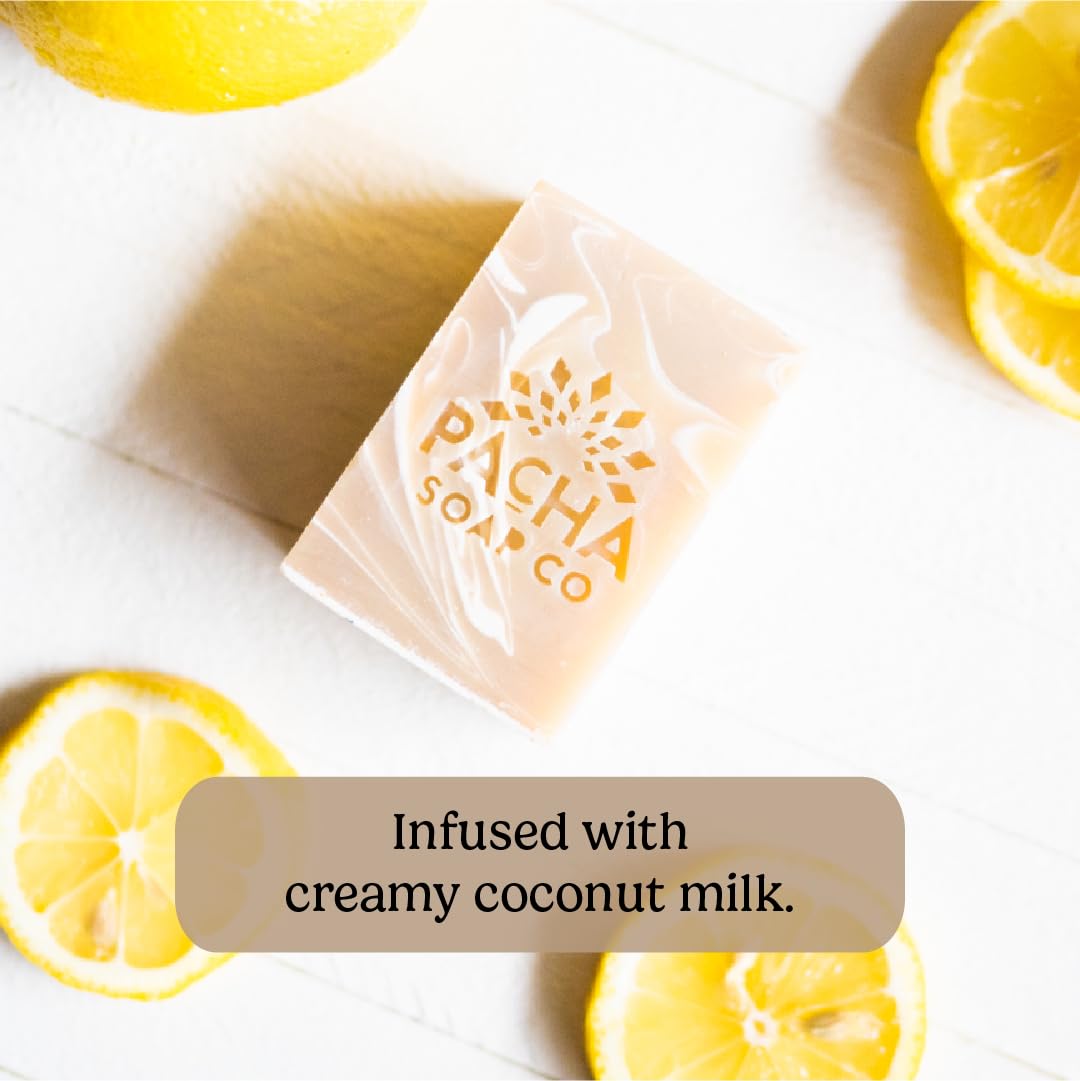 Pacha Soap Co. Coconut Lemon Bar Soap - Vanilla & Citrus Scent With Coconut Milk & Shea Butter, Handcrafted, Hydrating, Artisan Face Wash, Hand Cleanser & Body Wash, Made in USA, 3-Pack (4 oz ea)