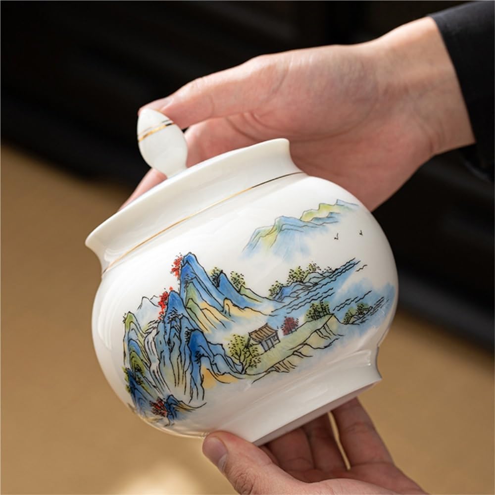 Lata de té Recipiente de Porcelana Blanca for almacenar té Suelto, Tarro cerámica Sellado, Juego Chino, Caja Regalo con Frasco Individual o Doble Carrito de té(Single Can)