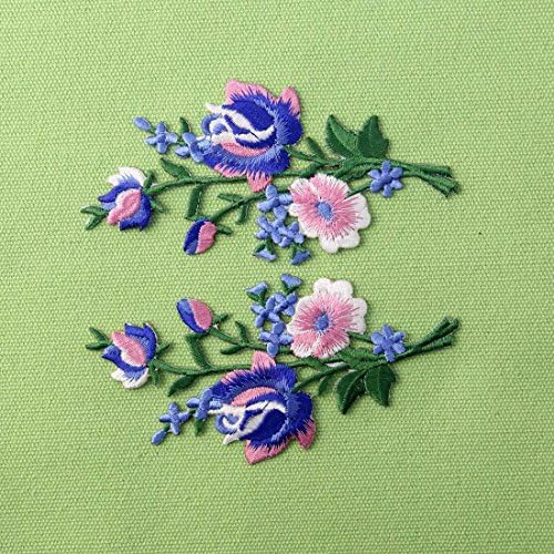 Flowers Bouquet Boho Patch Embroidered Floral Applique Iron On Sew On Rose Emblem, Set of 2 Pcs, Pink Blue