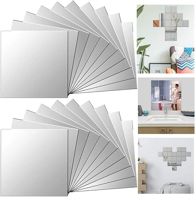 Xinlie Mirror Sheets Flexible Non Glass Mirror Plastic Mirror Self Adhesive Tiles Mirror Wall Stickers Removable Acrylic Mirror Setting Wall Sticker Decal for Home Living Room Bedroom Decor(20 Pieces)