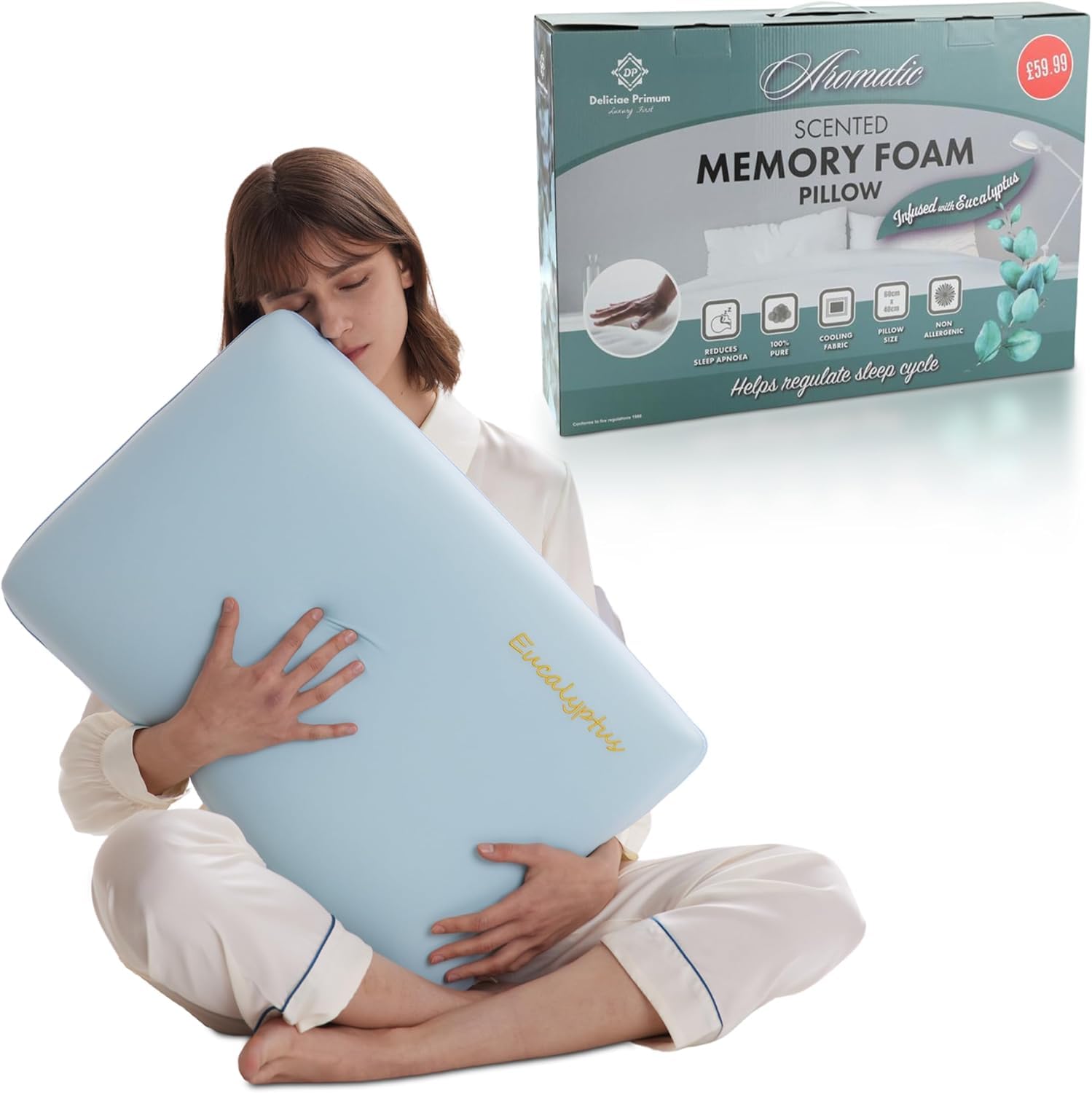 Artistic Fashionista Limited Eucalyptus Premium Scented Memory Foam Pillow – Orthopaedic Support With Cooling Fabric, Breathable & Hypoallergenic – Anti Snore - Reduces Sleep Apnoea, Stress & Anxiety (Eucalyptus)