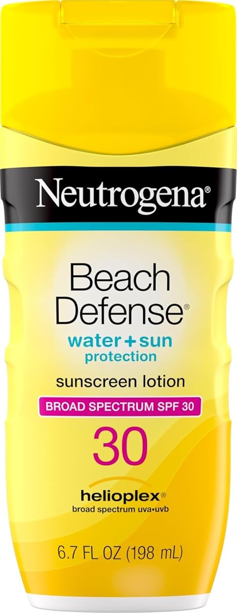 Neutrogena Beach Defense Loción protectora solar SPF 30, 6.7 fl oz | Cara y cuerpo, protección de amplio espectro UVA/UVB, protector solar liviano, resistente al agua (80 min), cumple con la Ley 104 de Hawaii