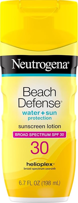 Neutrogena Beach Defense Loción protectora solar SPF 30, 6.7 fl oz | Cara y cuerpo, protección de amplio espectro UVA/UVB, protector solar liviano, resistente al agua (80 min), cumple con la Ley 104 de Hawaii