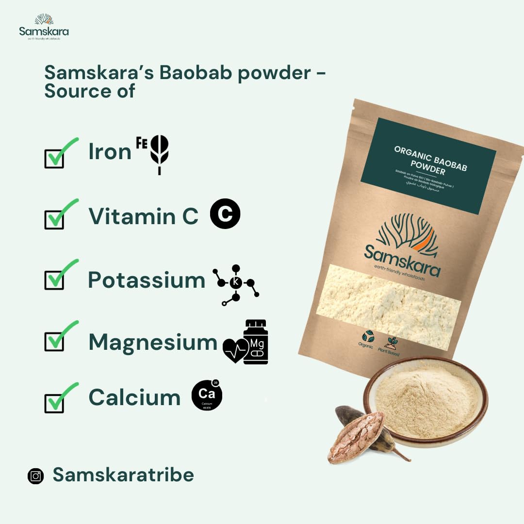 Baobab en Polvo BIO Ecologico | Calidad A+ 100% pura cruda, fuente de Vit C, Calcio, Colageno natural | SAMSKARA | Organic Baobab Powder (500gr x 1 pack) - Envasado en 2025 Frescura garantizada